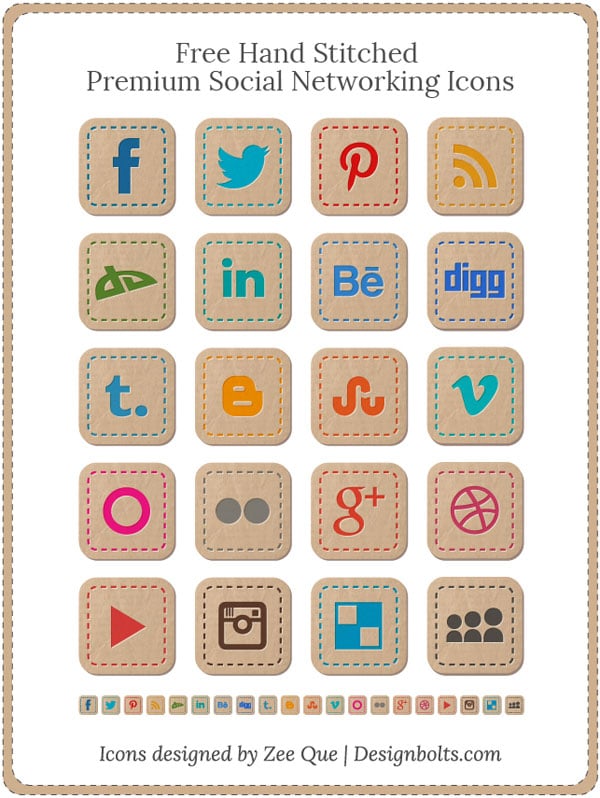 Free hand stitched premium social networking icons Free Hand Stitched Premium Social Networking Icons