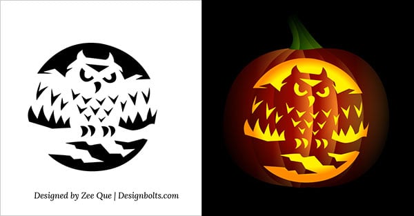 Free printable Halloween Scary Owl Pumpkin Carving Stencil.