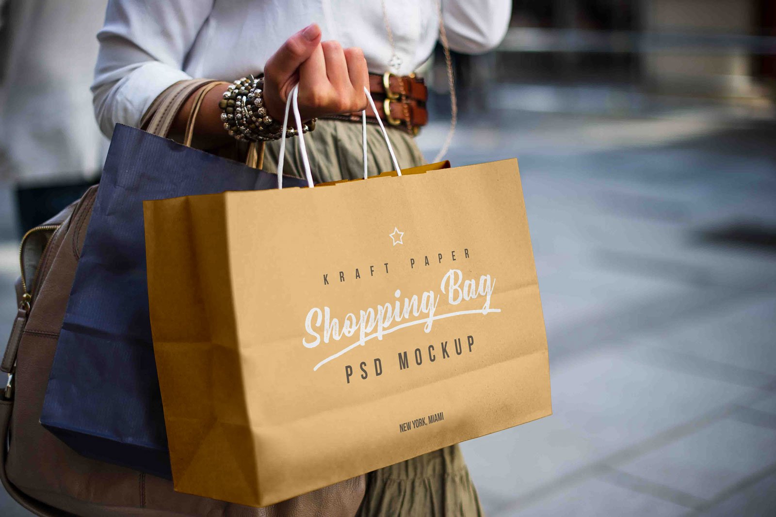 Download Free Female Holding Kraft Paper Shopping Bag Mockup PSD | Designbolts