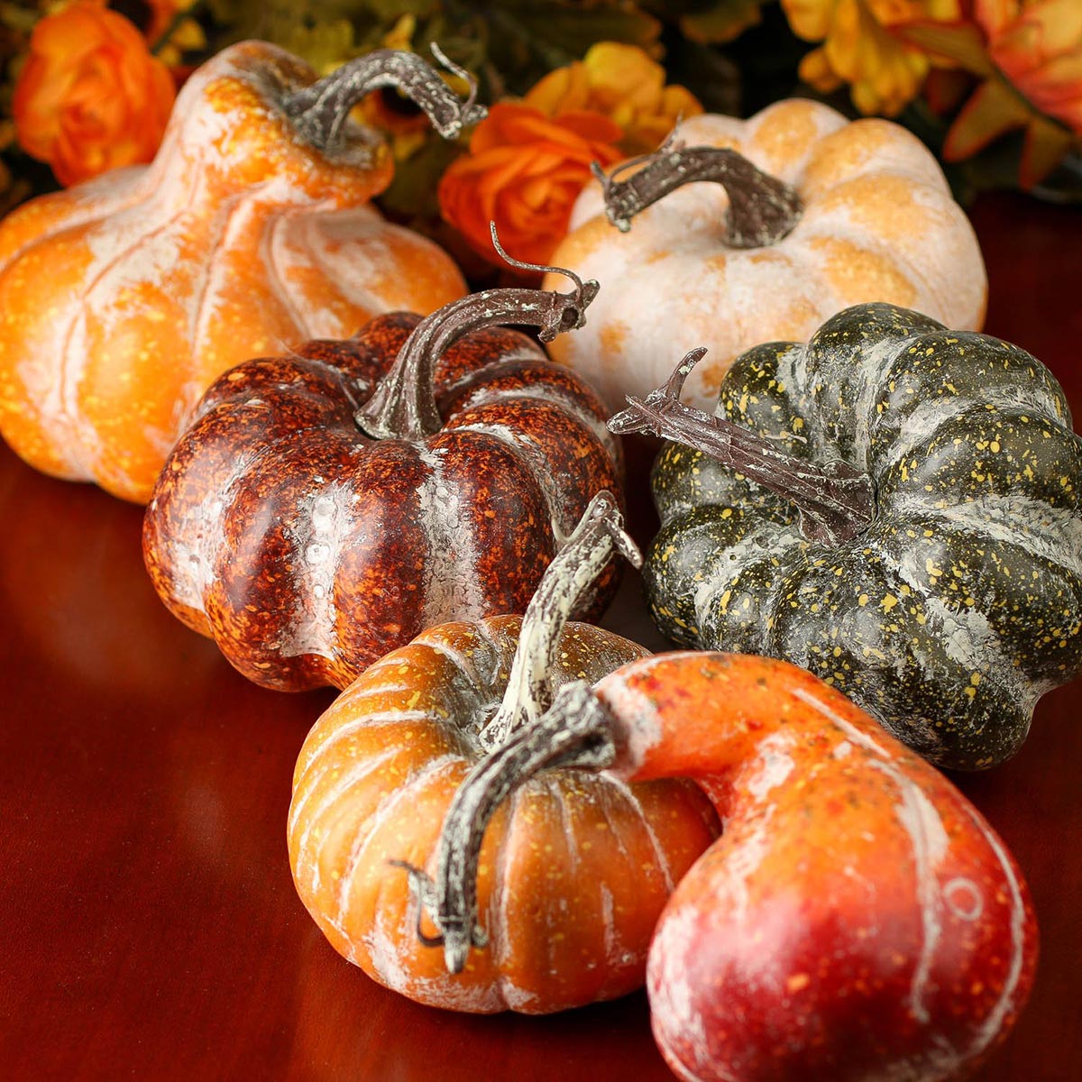 Factory-Direct-Craft-Package-of-6-Assorted-Shape-and-Color-Artificial-Frosted-Gourds-and-Pumpkins-for-Halloween-Decoration