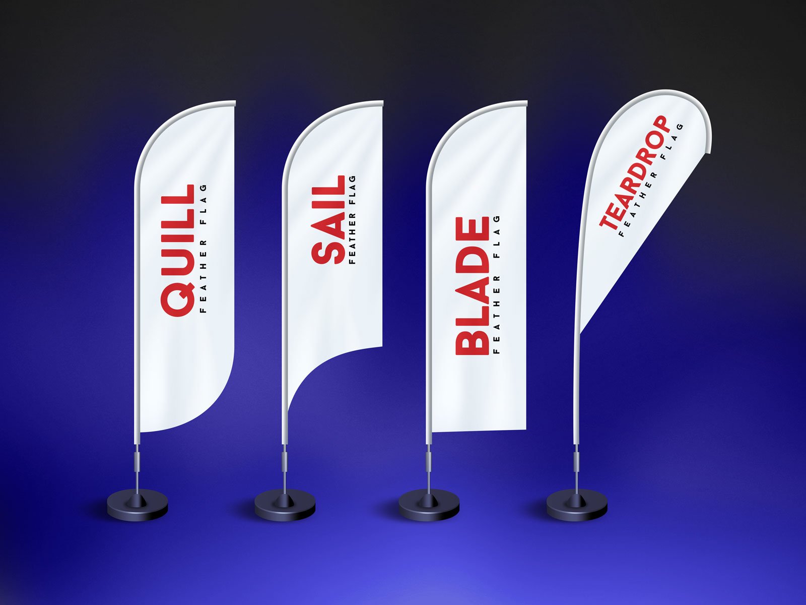 Free Feather Flag Mockup PSD (Quill, Sail, Blade & Teardrop) Templates