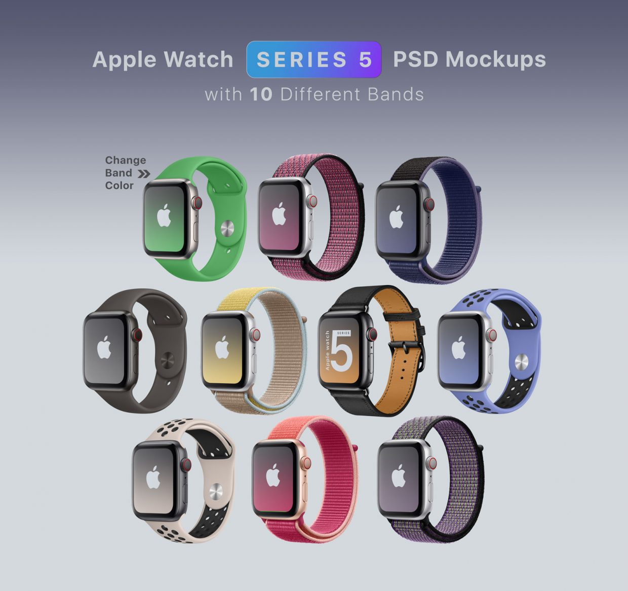 Download Free Apple Watch Series 5 Mockup PSD With 10 Different Bands | Designbolts