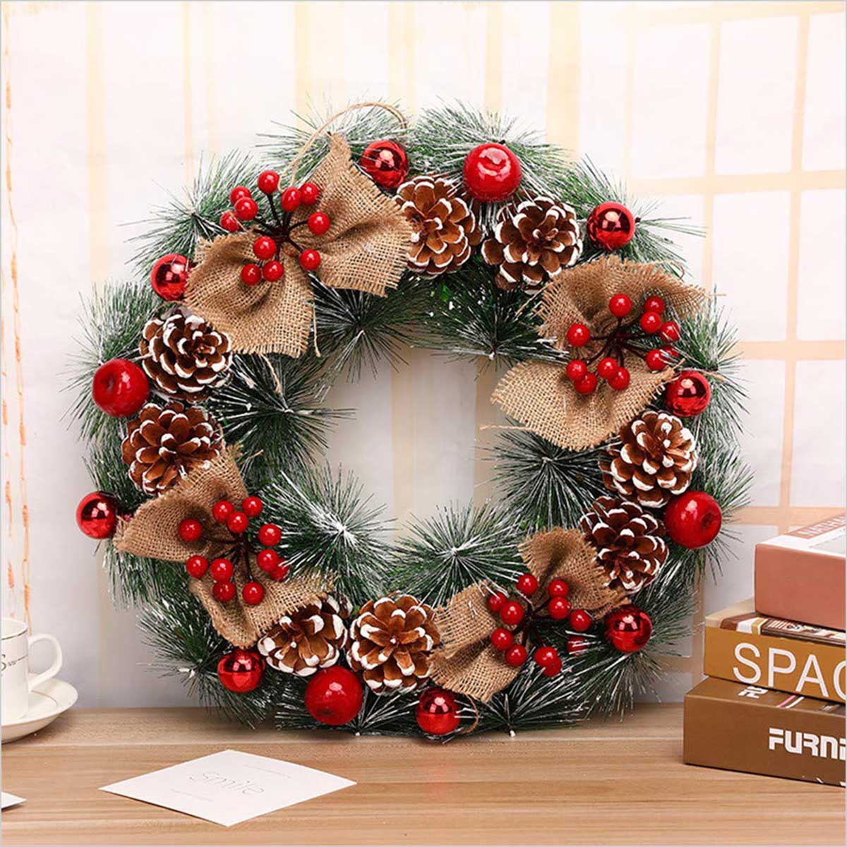 kekafu 30cm Christmas Wreath Plastic and Flannel Christmas Wreath with Bowknot Bells Balls and Berry Adornment,Fireplaces Window Front Door Decoration Ornaments. 