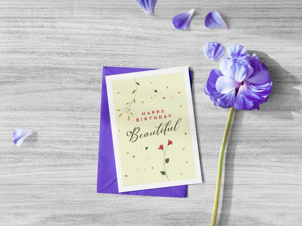 Free Beautiful Happy Birthday Greeting Card Design & Envelope Mockup