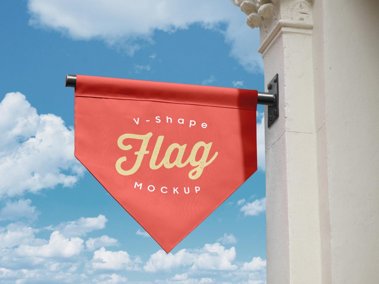 Free Vertical V-Shape Hanging Flag Banner Logo Mockup PSD | Designbolts