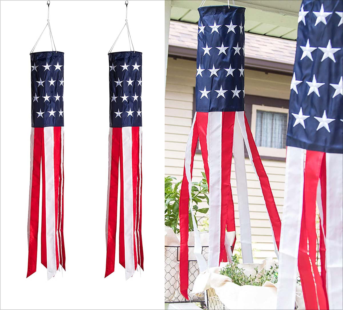 2 Pack 40Inch American Flag Windsock Stripes Outdoor Hanging Home Decorations 