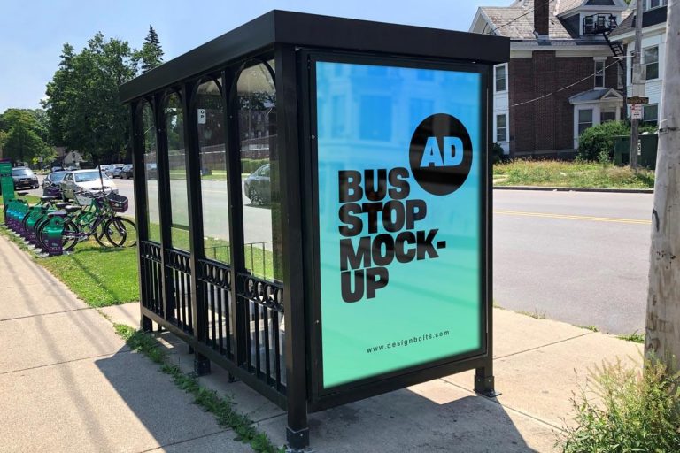 Free Bus Stop Advertising Signage on Sidewalk Mockup PSD Designbolts