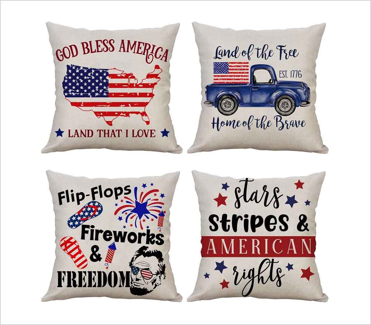 4 Pieces July 4th Pillow Cover Throw Pillow Covers Patriotic Cushion Cover Independence Day 18 x 18 Inch Cushion Case Square Cushion American Pillow Shams for Couch Bedroom Sofa Home Car Cushion