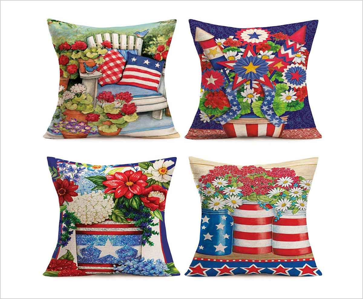 4th of July Decorations Pillow Covers 18x18 Set of 4 Memorial Day Decor America Flag Stars and Stripes Patriotic Throw Pillow Covers Gnomes Truck Pillows Independence Day Decor for Home A529-18 