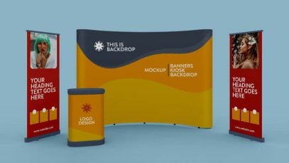 Free-Exhibition-Standing-Banner,-Kiosk-&-Backdrop-Mockup-PSD-File
