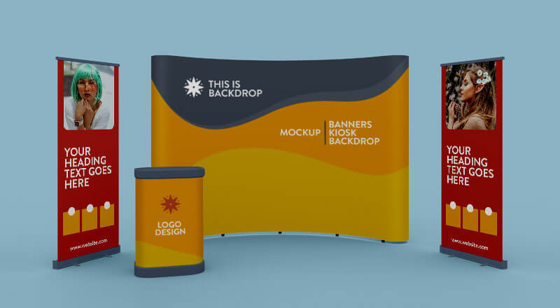 Free Exhibition Standing Banner, Kiosk & Backdrop Mockup PSD | Designbolts
