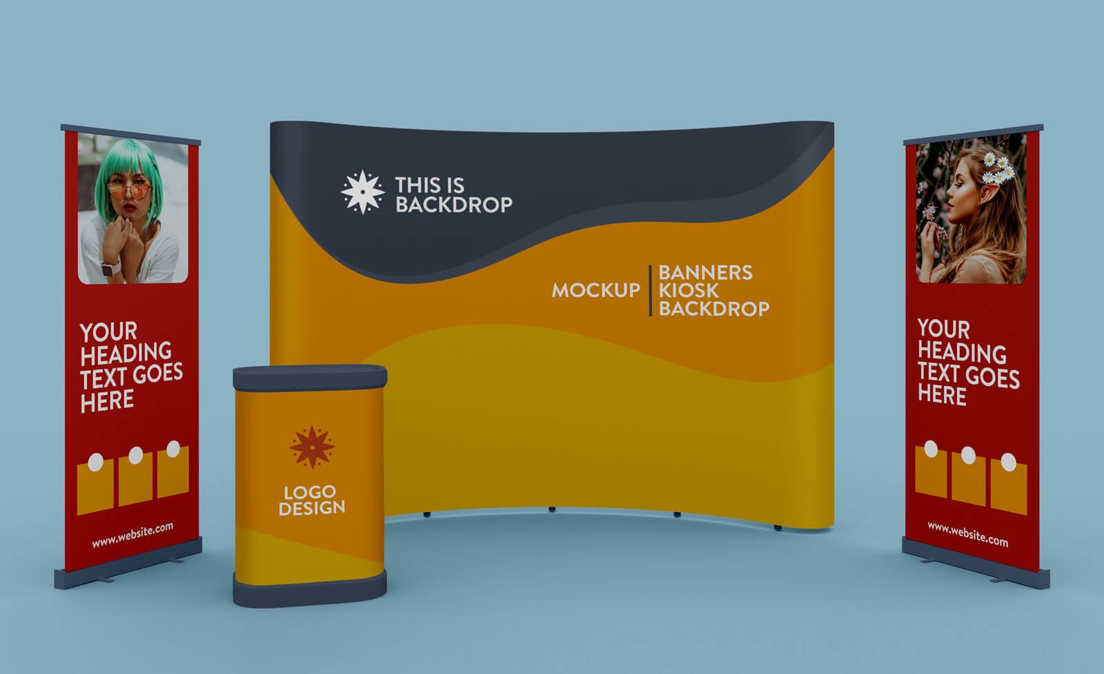Download Free Exhibition Standing Banner, Kiosk & Backdrop Mockup PSD | Designbolts