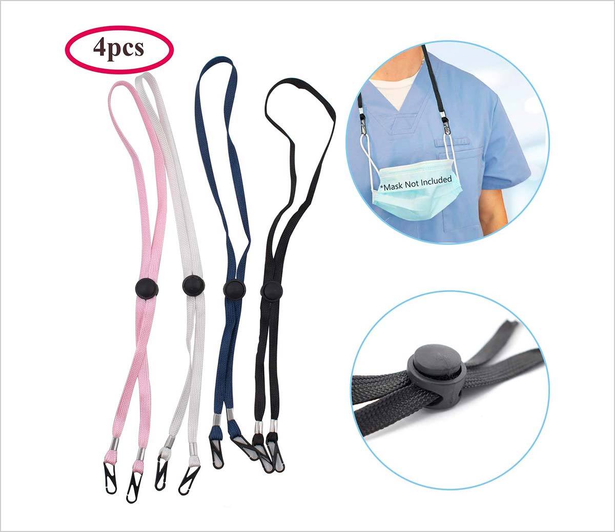 Hiyoo 4Pack Anti-Lost Adjustable Length Face Cover Lanyard Handy Convenient Strap Ear Pressure Relief Hanger Comfortable Around Neck Facemask Rest Strap Handy Neck Fits Any Face Cover Random Color 