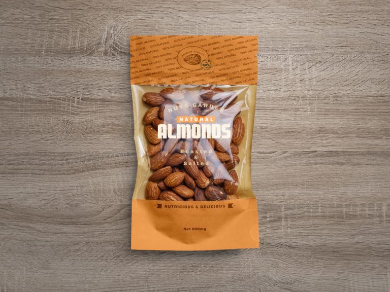Free Window Pouch Almond Packaging Mockup PSD | Designbolts