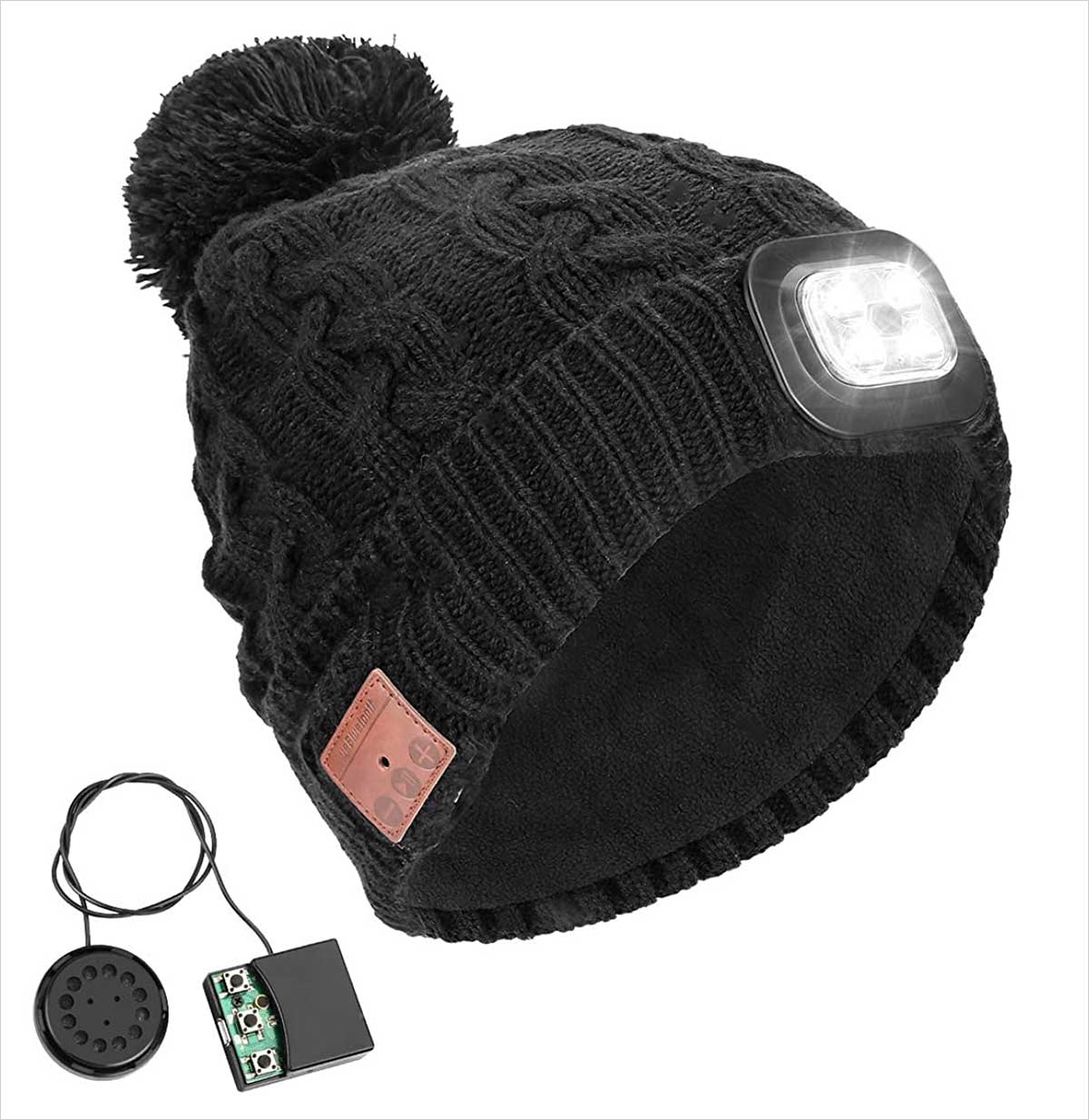 Unisex Cabel Knitted Bobble Beanie Hat with LED Head Lights 