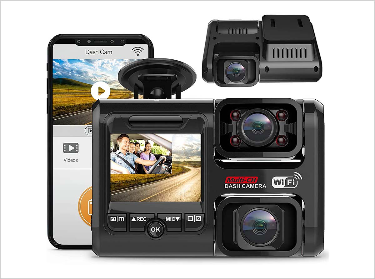 3 Channel 4K Dash Cam for Cars, 4K+2.5K Front and Rear Cabin,  1440P+1440P+1080P Triple Car Camera,Included 64GB Card, with GPS and WiFi  Wireless , IPS Screen,24 Hour Parking Mode, APP,Night Vision,WDR 