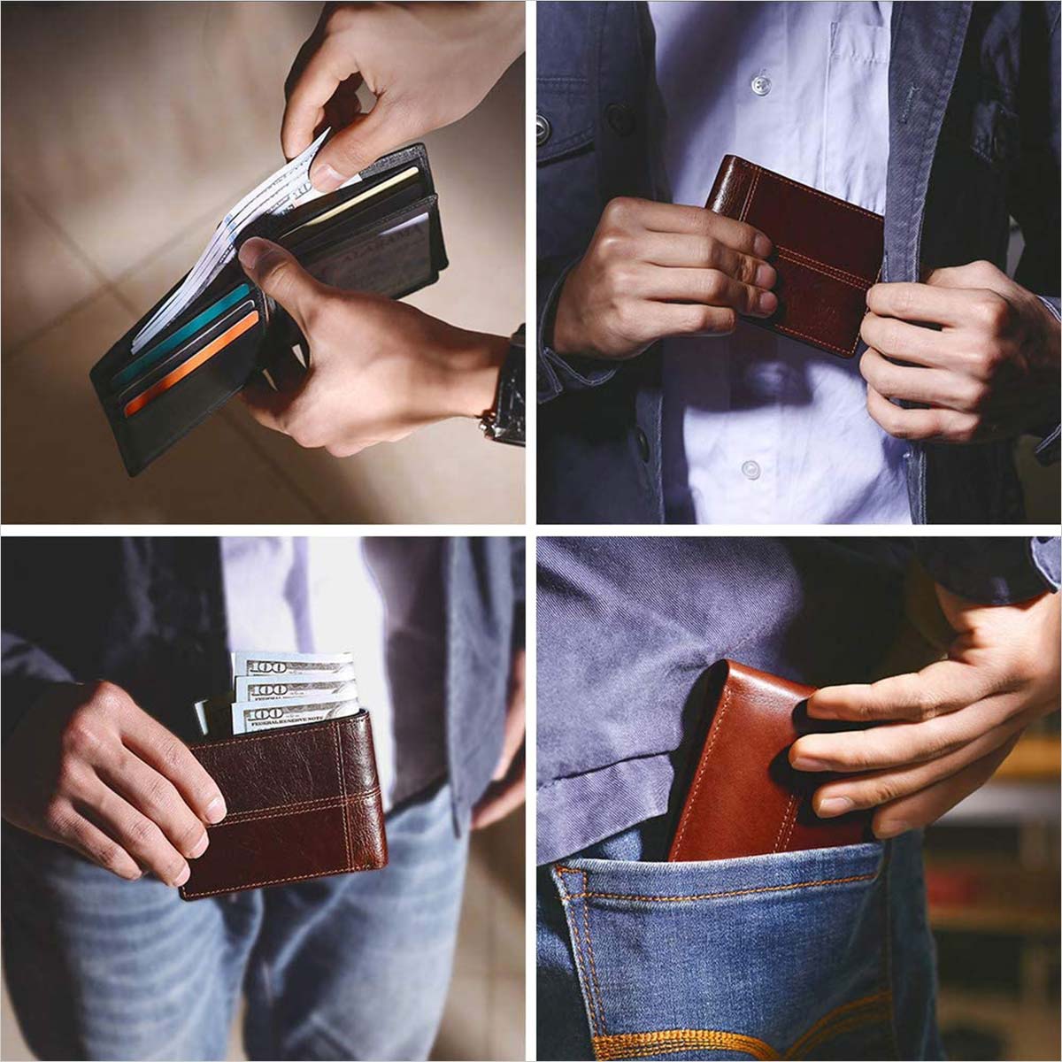 RFID Blocking Bifold Slim Genuine Leather Thin Minimalist 