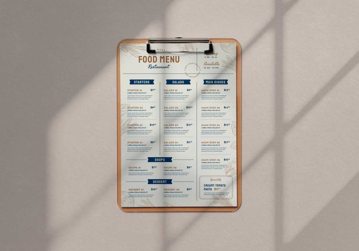 Free Clipboard Restaurant Menu Mockup PSD - Designbolts