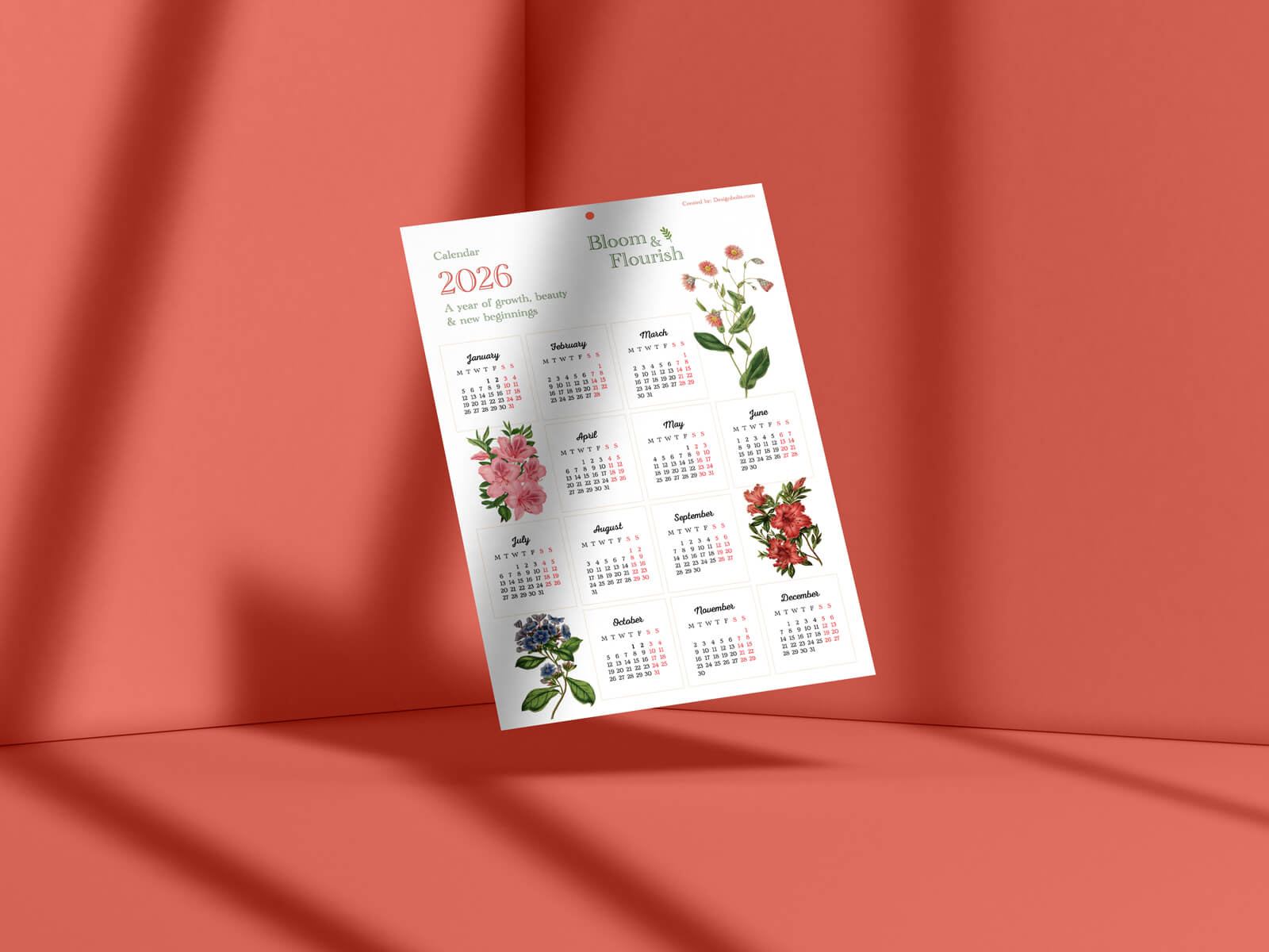 Free Floural 12-Month Calendar Printable Template 2026 - Designbolts